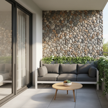 Efect de piatră naturală în balcon: Renovare cu plăci tapet 3D pietre rotunjite
