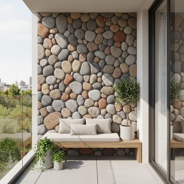 Efect de piatră naturală în balcon: Renovare cu plăci tapet 3D pietre rotunjite