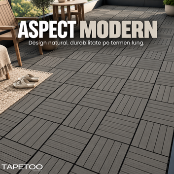 Set 10 Placi WPC Interconectabile pentru Terasa si Balcon cu Aspect de Lemn, Gri Antracit, Pardoseala Exterior, Sistem Click, 29 x 29 cm, Acoperire 0,84 m², COD: 602-28