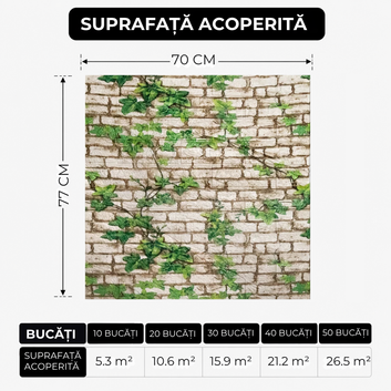 10 x Placi Tapet 3D - 70 X 77 Cm " Caramida crem & frunze verzi- asimetric" 3mm ( COD: 104 - V2 )