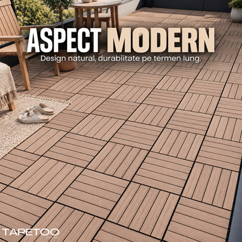 Set 10 Placi WPC Interconectabile pentru Terasa si Balcon cu Aspect de Lemn, Bej Deschis Natural, Suprafata Striata, Sistem Click, Pardoseala Exterior, 29 x 29 cm, Acoperire 0,84 m², COD: 602-27