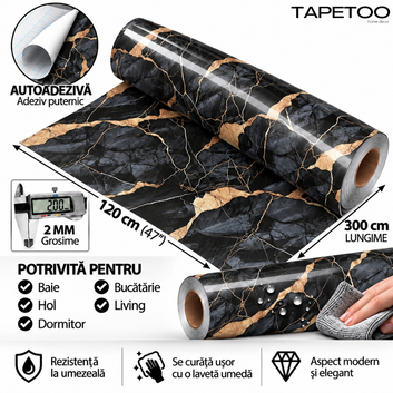 Rola Autoadeziva Imitatie Marmura Neagra cu Modele Aurii, 2mm, 120x300cm, 3.6mp, Cod 606-40