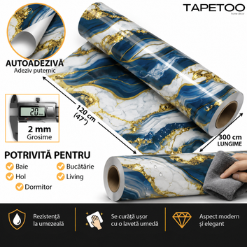 Rola Autoadeziva Imitatie Marmura Albastru cu Alb si Auriu, 2mm, 120x300cm, 3.6mp, Cod 606-38