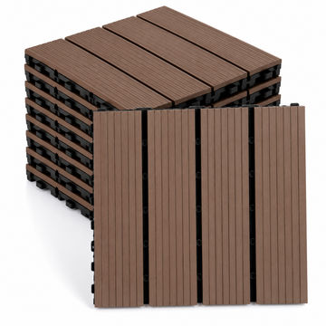 Set 10 Placi WPC Interconectabile pentru Terasa si Balcon cu Aspect de Lemn, Maro Natural, Suprafata Striata, Sistem Click, Pardoseala Exterior, 29 x 29 cm, Acoperire 0,84 m², COD: 602-28