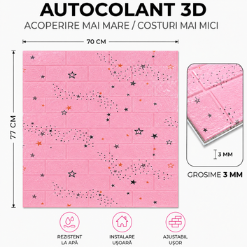 10 x Placi Tapet 3D - 70 X 77 Cm "Roz Cu Steluțe" 3mm ( COD: 54 )