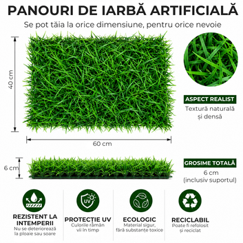 Panou iarba artificiala VerdeLux GrassWall, 60x40 cm, grosime 6 cm, modular, protectie UV, verde