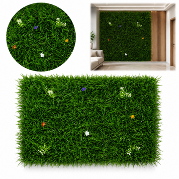 Panou iarba artificiala FloraVerde, cu flori, 60x40 cm, grosime 6 cm, protectie UV, verde