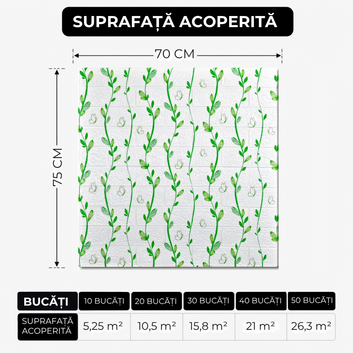 10 x Placi Tapet 3D - 70 X 75 Cm " Caramida alba- LIANA Verde" 3mm ( COD: 105)