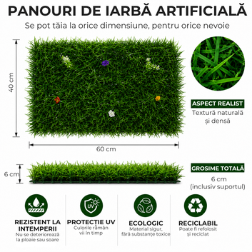 Panou iarba artificiala FloraVerde, cu flori, 60x40 cm, grosime 6 cm, protectie UV, verde