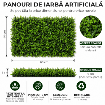 Panou gard viu artificial VerdeLux Botanica, 60x40 cm, grosime 6 cm, modular, protectie UV