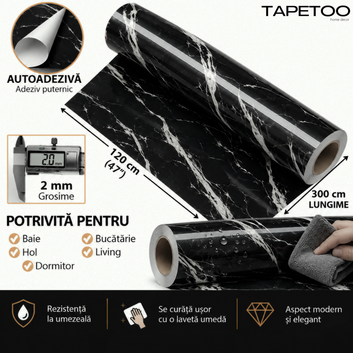 Rola Autoadeziva Imitatie Marmura Neagra cu Nervuri Albe, 2mm, 120x300cm, 3.6mp, Cod 606-49