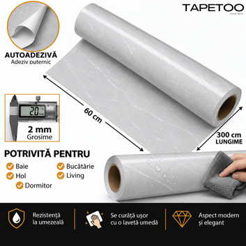 Rola Autoadeziva Imitatie Marmura Gri Deschis cu Textura Alba, 2mm, 120x300cm, 3.6mp, Cod 606-42