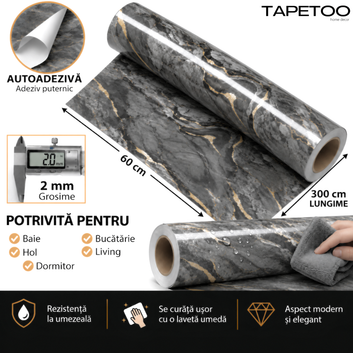 Sötétszürke márványutánzatú öntapadós fólia arany mintával, 2 mm, 120x300 cm, 3,6 nm, kód: 606-48