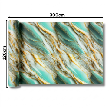 Rola Autoadeziva Imitatie Marmura Turcoaz, Alb si Auriu, 2mm, 120x300cm, 3.6mp, Cod 605-4