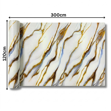 Rola Autoadeziva Imitatie Marmura Alba cu Nervuri Aurii si Bleu, 2mm, 120x300cm, 3.6mp, Cod 605-6