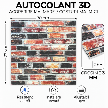 10 x Placi Tapet 3D - 70 X 77 Cm "Caramida negru & rosu" 3mm ( COD: 86 )