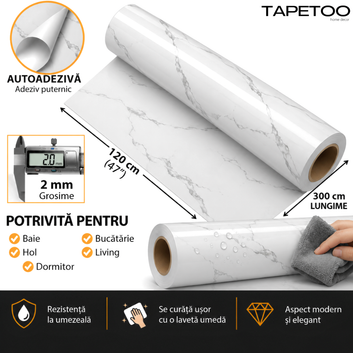 Rola Autoadeziva Imitatie Marmura Alba cu Nervuri Fine Gri, 2mm, 120x300cm, 3.6mp, Cod 606-33