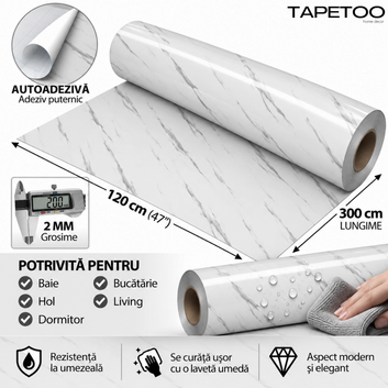 Rola Autoadeziva Imitatie Marmura Alba cu Linii Fine Gri, 2mm, 120x300cm, 3.6mp, Cod 606-41