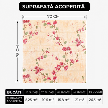10 x Placi Tapet 3D - 70 X 75 Cm " Caramida crem - Ramura - Flori grena  " 3mm ( COD: 109)