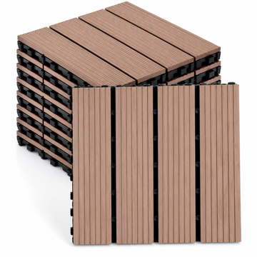 Set 10 Placi WPC Interconectabile pentru Terasa si Balcon cu Aspect de Lemn, Bej Deschis Natural, Suprafata Striata, Sistem Click, Pardoseala Exterior, 29 x 29 cm, Acoperire 0,84 m², COD: 602-27