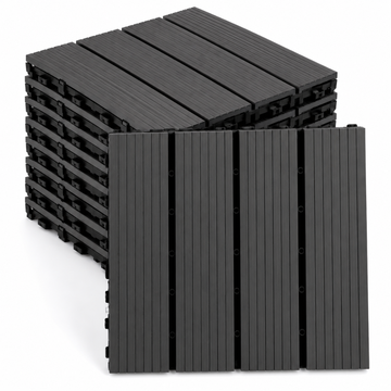 Set 10 Placi WPC Interconectabile pentru Terasa si Balcon cu Aspect de Lemn, Negru, Pardoseala Exterior, Sistem Click, 29 x 29 cm, Grosime 2,2 mm, Acoperire 0,84 m², COD: 602-25