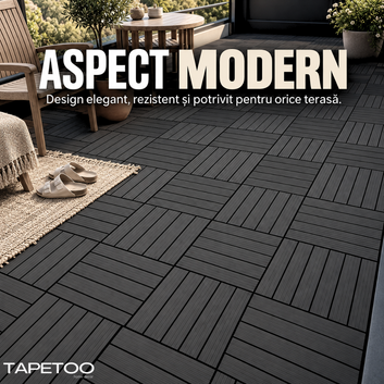 Set 10 Placi WPC Interconectabile pentru Terasa si Balcon cu Aspect de Lemn, Negru, Pardoseala Exterior, Sistem Click, 29 x 29 cm, Grosime 2,2 mm, Acoperire 0,84 m², COD: 602-25