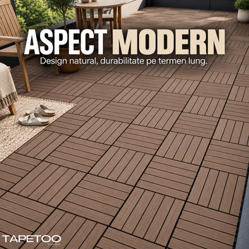 Set 10 Placi WPC Interconectabile pentru Terasa si Balcon cu Aspect de Lemn, Maro Natural, Suprafata Striata, Sistem Click, Pardoseala Exterior, 29 x 29 cm, Acoperire 0,84 m², COD: 602-28